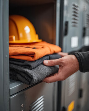 Industrial worker placing folded uniform into locker, factory changing room concept