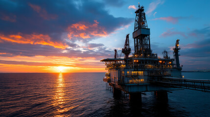 Fototapeta premium Stunning sunset over offshore oil rig surrounded by vibrant colored sky, industrial energy production amidst dramatic natural beauty concept, defocused ocean background, with copy
