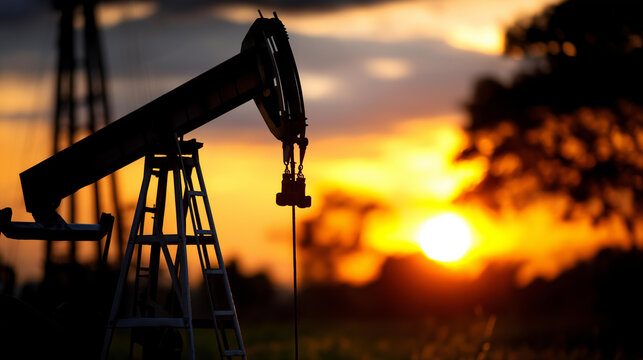 Oil pumpjack silhouette set against beautiful sunset sky, energy extraction and nature's beauty illustrated concept, defocused background, with copy space