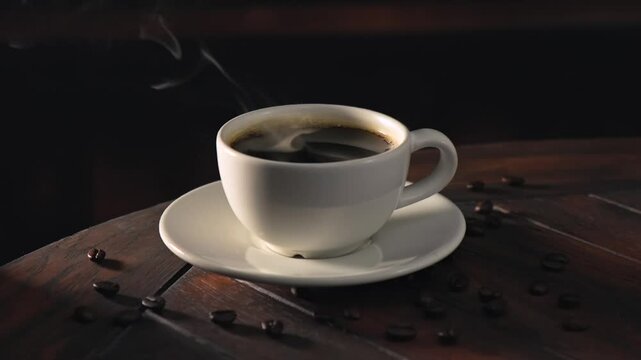 Hot black coffee in white cup with steam on wooden table, copy space