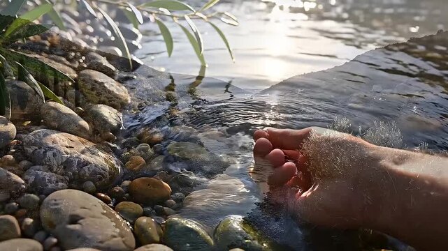 An ethereal touch to nature's embrace, a hand dips into the cool, crystal-clear water of a river. This photo perfectly captures the delicate harmony between humans and the environment.