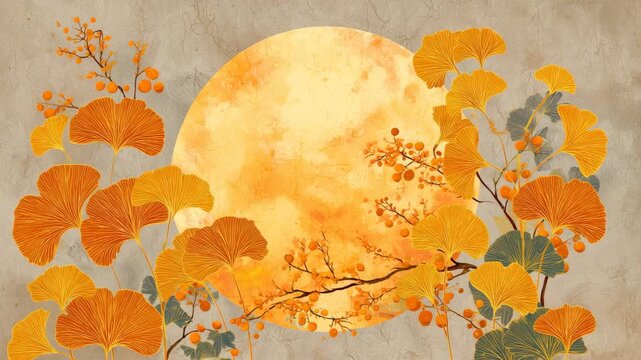 夕焼けの逆光で橙の落ち葉が楕円と内側リングを描く織物風の空