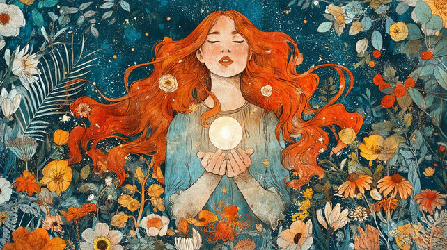 月の光に包まれた幻想的な森と静かな空間を描くスピリチュアルイラスト、癒しと内面の成長を象徴する神秘的なビジュアル、瞑想やヒーリングに適した素材