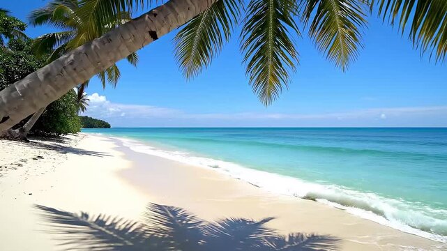 A picturesque, pristine tropical beach under the bright sunlight. capturing the tranquility of a sunny day with lush coconut palms, the turquoise ocean, and immaculate white sand.