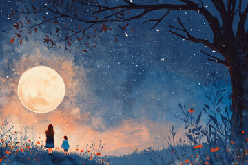 Fototapeta premium 月光に照らされた幻想的な森と静寂の中に佇む人物を描いたスピリチュアルイラスト、心の浄化や癒しを象徴する神秘的な空間、瞑想や精神世界の表現に適した印象的なビジュアル素材です 