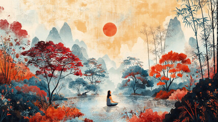 Fototapeta premium 神秘的な自然風景と静寂な空間が広がるスピリチュアルなイラスト、癒しと内面の気づきをテーマにした幻想的なビジュアル、ヒーリングや瞑想用途に最適な素材