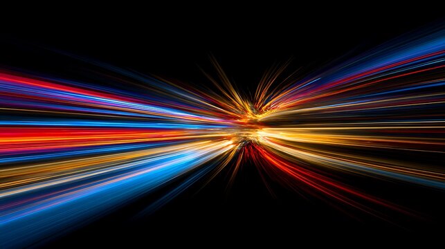 A vibrant and dynamic abstract image of colorful light rays on a black background