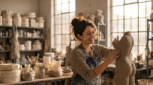A smiling female sculptor works on a clay female torso in a sunlit art studio. Surrounded by pottery tools and shelves, she enjoys her creative process. Inspiring art.