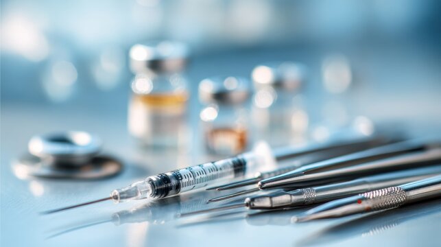 Close-up View of Medical Tools Arranged on a Sterile Surface Showing Sharp Details and Soft Shadows in a Clean Setting