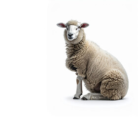 Fototapeta premium Oveja de lana sentada de perfil sobre fondo blanco, retrato animal concepto minimalista ganadero, agrícola, sostenibilidad, agricultura, alimentación natural, productos ecológicos y branding rural