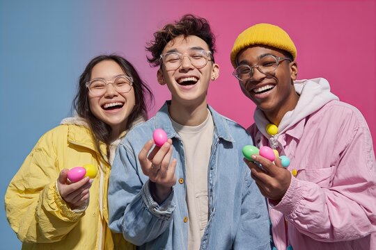 Happy young friends holding colorful easter eggs against a split background