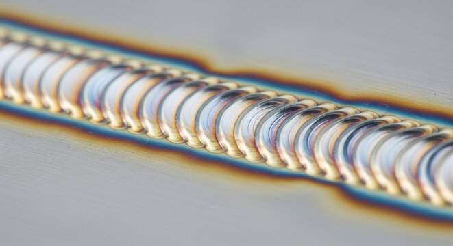 Close-up of a high-quality TIG weld bead on stainless steel with vibrant heat tint oxidation colors (blue, gold, purple). Focus on the precision "stack of dimes" texture.