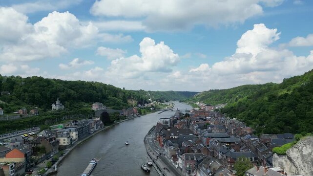 Drone Aerial View of Dinant and Meuse River with Dramatic Sky &ndash; Scenic Belgian Landscape