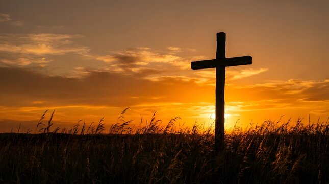 Jesus Cross Landscape Easter Holy Week Faith Background Christian Cross At Sunset Golden