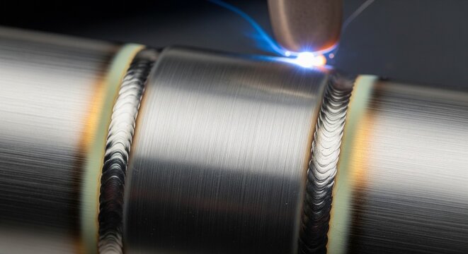 A specialized orbital welding machine performing a precise automated weld on a stainless steel tube with a visible blue arc light.