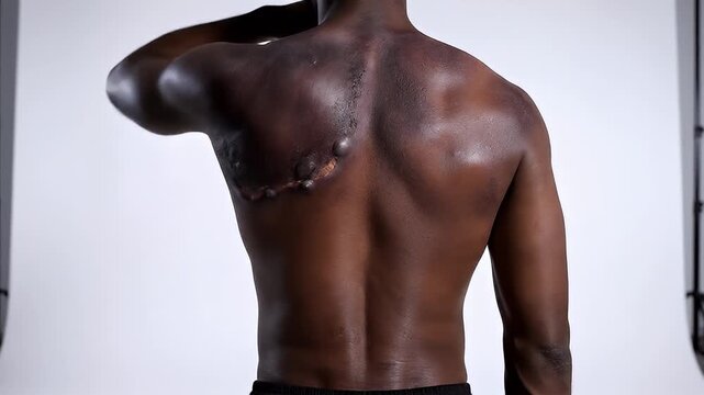 Shirtless man back muscle anatomy.