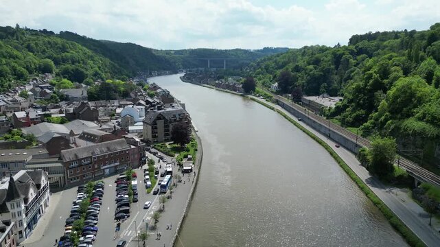 Drone Aerial View of Dinant City Along Meuse River in Belgium &ndash; Scenic Valley Landscape