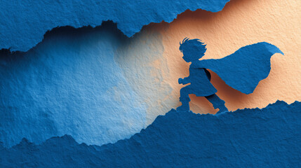 Child in superhero cape running on torn paper background - Concept of International Children's Day