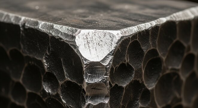 Extreme close-up of a dark, porous metallic material with a honeycomb or sponge-like structure and a polished silver edge.