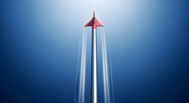 A red and silver rocket soaring through the sky with trails of water