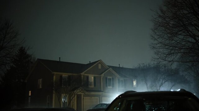 Night shoot of suburb street during the storm. Flashing lightening of thunderstorm light up the sky . 