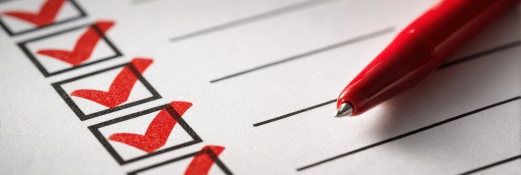 Compliance Checklist Shows Tick Marks in a Neat Arrangement on a White Background With a Red Pen Nearby for Checking off Items