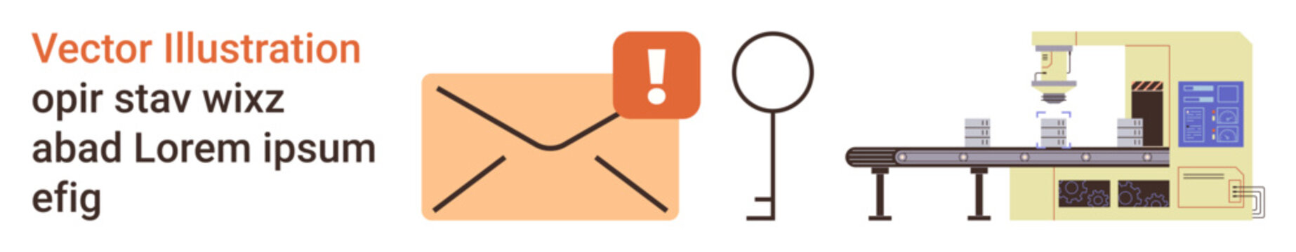 Automation, data processing, mail security, industrial workflow, technology management, manufacturing systems. Conveyor belt with machinery, key symbol and envelope icon. Automation and data