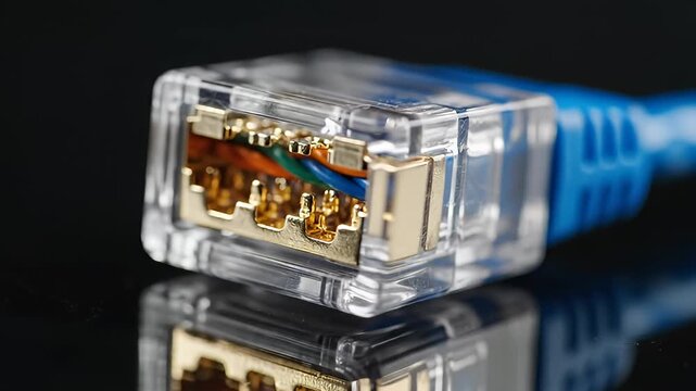 Macro Closeup of Gold Plated RJ45 Ethernet Network Cable Connector