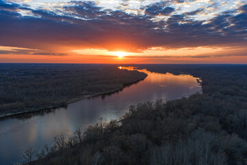 Fototapeta premium Aerial sunset over Vistula River near Warsaw in Mazovia, Poland