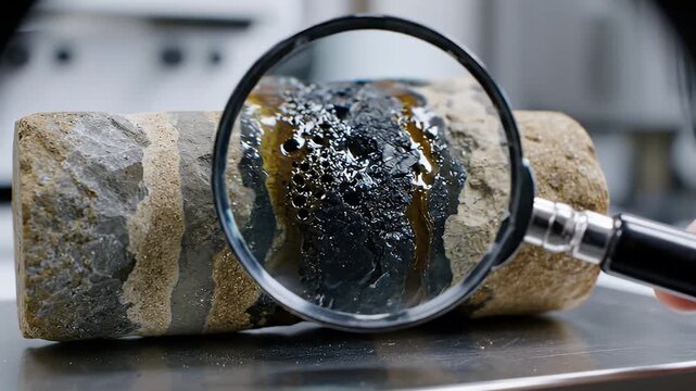 Magnifying Glass Examining Layered Geological Core Sample