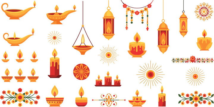 Diwali Festival Decoration Elements Set with Diyas, Candles, Lanterns, Rangoli, Lights and Traditional Indian Celebration Vector Illustration