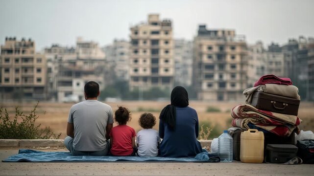 Displaced refugee family sitting near destroyed city. Man, woman and child surviving humanitarian crisis with luggage. War aftermath and urban ruin background.