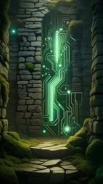 Ancient Stone Archway with Glowing Digital Circuitry Generative AI