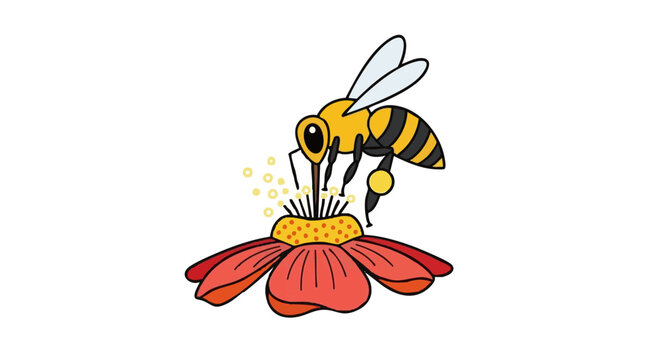 Cartoon bee pollinating a red flower. Vector illustration of an insect collecting nectar isolated on white background.