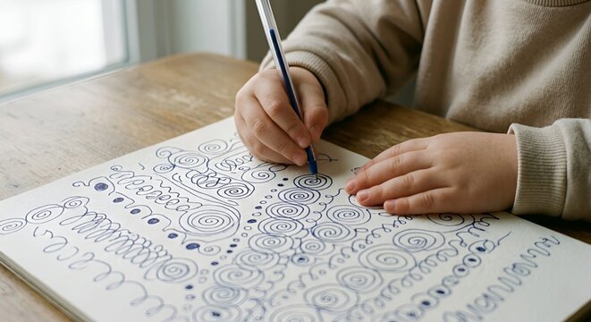 Child with autism drawing repetitive spiral patterns to self-soothe.