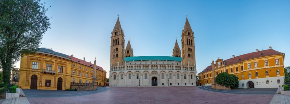 Sunset view of the basilica of Pecs in Hungary