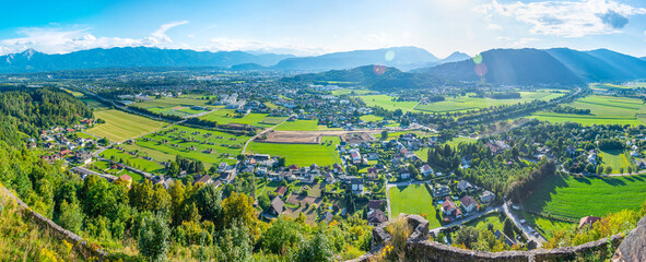 Fototapeta premium Panorama view of Villach from Landskron castle in Austria
