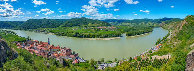 Naklejka premium Panorama view of Durnstein village at Wachau valley in Austria