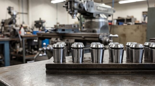 Precision ER collets set in holder on workshop bench