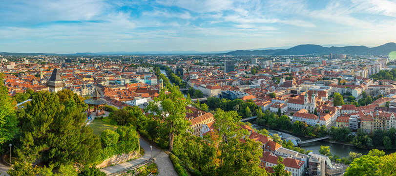 Panorama view of Graz in Austria with famous clock tower
