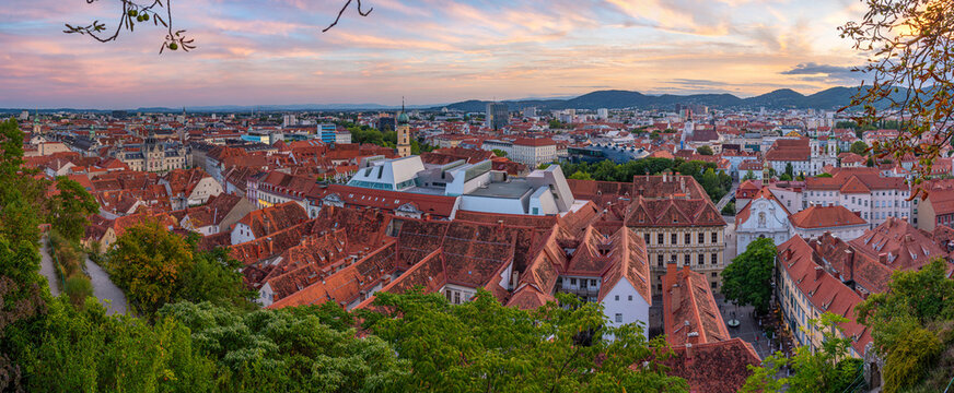 Sunset aerial view of Austrian town Graz