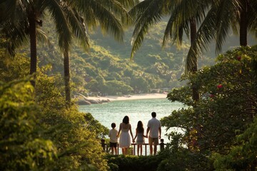 Fototapeta premium a happy family of four, a mother and father with two children, standing on the terrace overlooking an exotic beach in thailand Generative AI