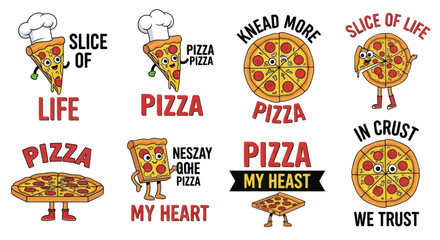 Naklejka premium Funny Pizza Characters with Slogans - Slice of Life, Knead More, My Heart