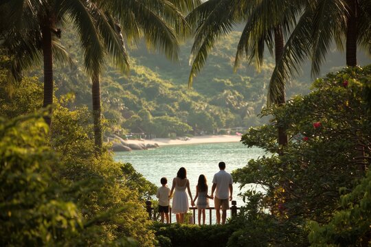 a happy family of four, a mother and father with two children, standing on the terrace overlooking an exotic beach in thailand Generative AI