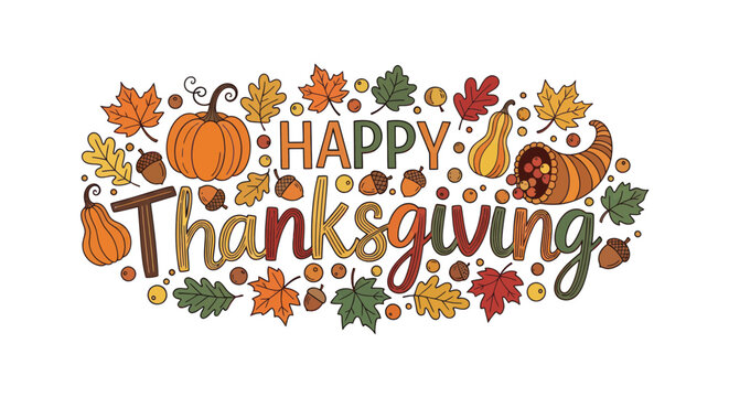 Happy Thanksgiving Decorative Border with Autumn Leaves, Pumpkin, Acorns, and Cornucopia