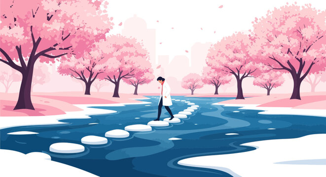 Man Walking on Stepping Stones Over a River Surrounded by Cherry Blossoms