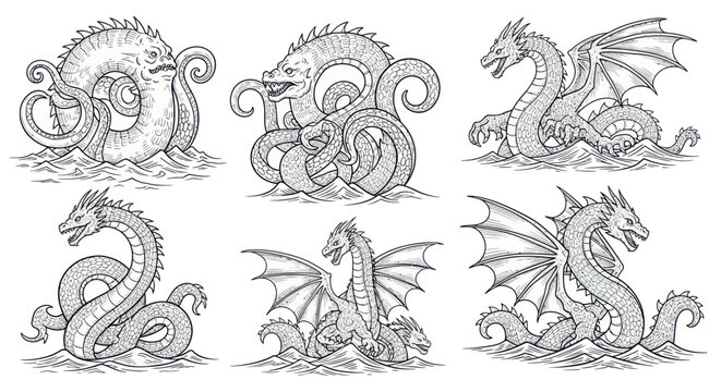 Mythical Sea Creatures Collection: Dragons, Serpents, and Monsters in Water