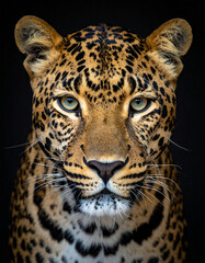 Naklejka premium Cabeza de leopardo en primer plano de frente sobre fondo negro, animal de mirada salvaje, felino exótico concepto de lujo, liderazgo, exclusividad, poder, branding sofisticado y moda