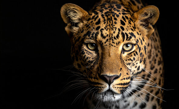 Leopardo en primer plano de frente sobre fondo negro, animal salvaje, felino ex&oacute;tico concepto de lujo, liderazgo, exclusividad, poder, branding sofisticado y moda con espacio para texto publicitario