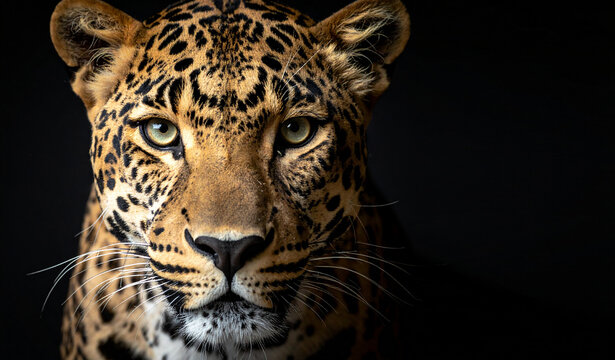 Cabeza de leopardo en primer plano de frente sobre fondo negro, animal de mirada salvaje, felino ex&oacute;tico concepto de lujo, liderazgo, exclusividad, poder, branding sofisticado y moda